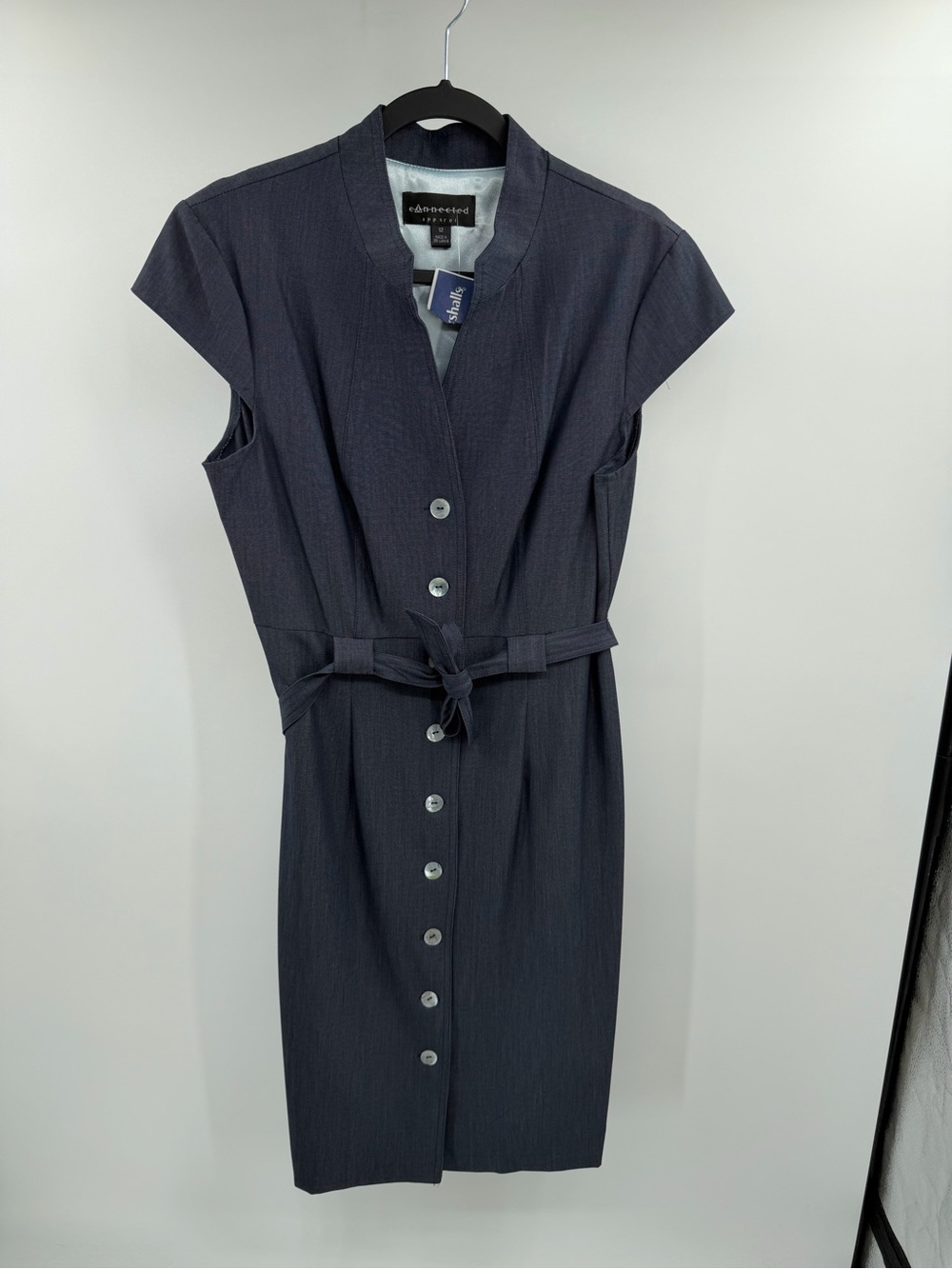 Connected Apparel Blue Gray Button-Front Belted Sheath Dress Career Work Size 12
